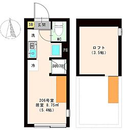 ハーモニーテラス東新町II 2階ワンルームの間取り