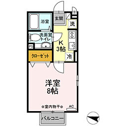 ボーヌファムIII 1階1Kの間取り