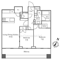 ザ・パークハビオ目黒プレイス 8階2LDKの間取り
