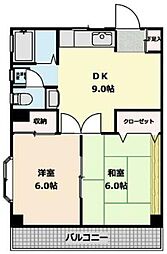 小田急小田原線 狛江駅 徒歩19分の賃貸マンション 2階2DKの間取り
