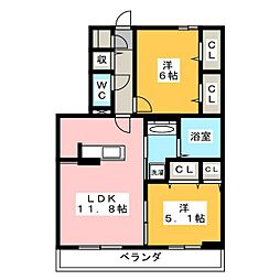 グランディール 3階2LDKの間取り