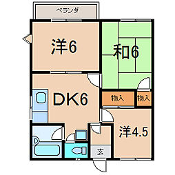 ラパンアジルＢ 2階3DKの間取り