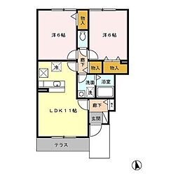 Dコート鷹尾 1階2LDKの間取り