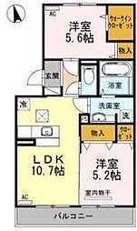 ルナージュ　B棟 1階2LDKの間取り
