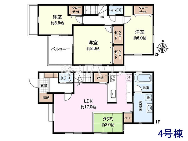 ≪4号地・参考プラン≫土地3290万円＋建物1800万円＝5090万円　 1階：50.92？、2階：45.96？、合計：96.88？【東久留米市前沢1丁目】
