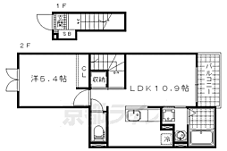カーサスカイIII 2階1LDKの間取り
