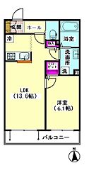 パルシェ萩中 2階1LDKの間取り