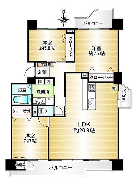 ３面バルコニーで通風良好なお部屋