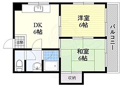 サンワード北田辺 2DKの間取図画像