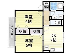 ハイカムールB 2DKの間取図画像