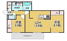 京都市営烏丸線 五条駅 徒歩3分の賃貸アパート 2階2LDKの間取り