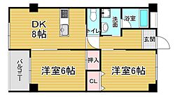 京阪本線 藤森駅 徒歩11分の賃貸マンション 5階2DKの間取り
