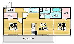 JR草津線 手原駅 徒歩23分の賃貸アパート 1階2DKの間取り
