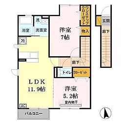 JR青梅線 昭島駅 徒歩21分の賃貸アパート 2階2LDKの間取り