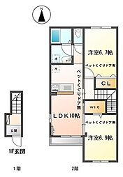 JR青梅線 福生駅 バス10分 草花下車 徒歩9分の賃貸アパート 2階2LDKの間取り