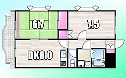 京王高尾線 狭間駅 徒歩10分の賃貸マンション 3階2DKの間取り