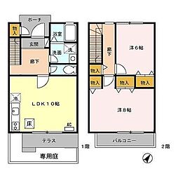 JR青梅線 昭島駅 徒歩14分の賃貸テラスハウス 2LDKの間取り