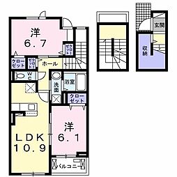 JR中央本線 八王子駅 バス21分 下犬目下車 徒歩5分の賃貸アパート 3階2LDKの間取り