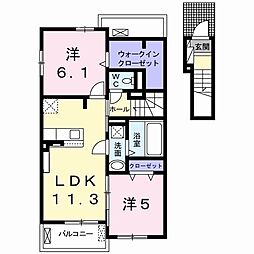 JR中央本線 西八王子駅 バス21分 城山中入口下車 徒歩6分の賃貸アパート 2階2LDKの間取り