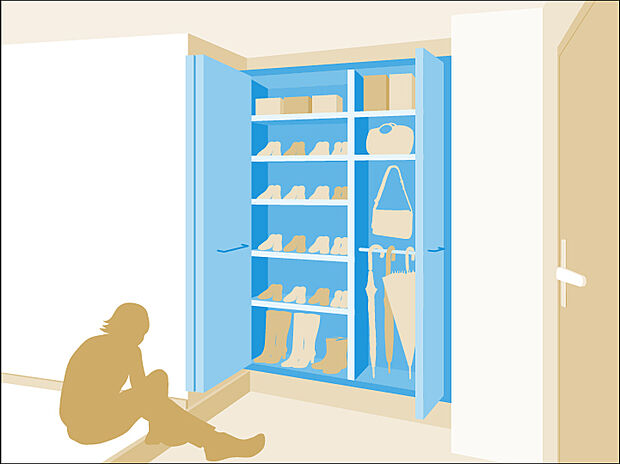 玄関と隣接し、靴を履いたまま出入りできるSIC。靴はもちろん、散乱しがちな傘、お子様の外での遊具やベビーカーなどをスッキリと収納。お客様をお迎えする玄関をいつもキレイな状態にキープ。