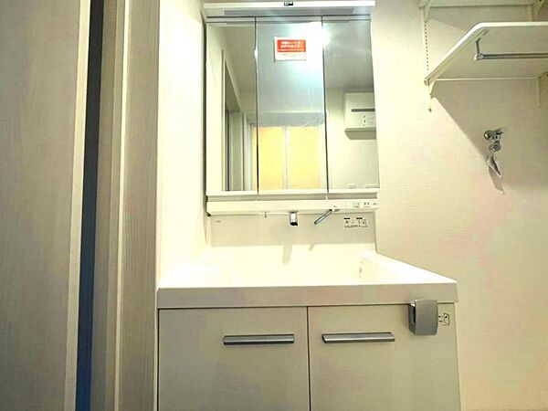 三面鏡の裏は機能的な収納を配置。コンセントも付いているため電動シェーバーや、電動歯ブラシも収納できます。