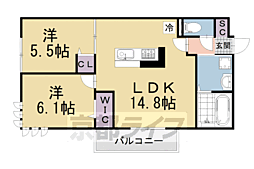 JR奈良線 稲荷駅 徒歩3分の賃貸アパート 2階2LDKの間取り