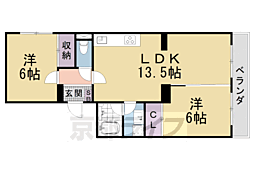 京都地下鉄東西線 醍醐駅 徒歩15分の賃貸マンション 4階2LDKの間取り