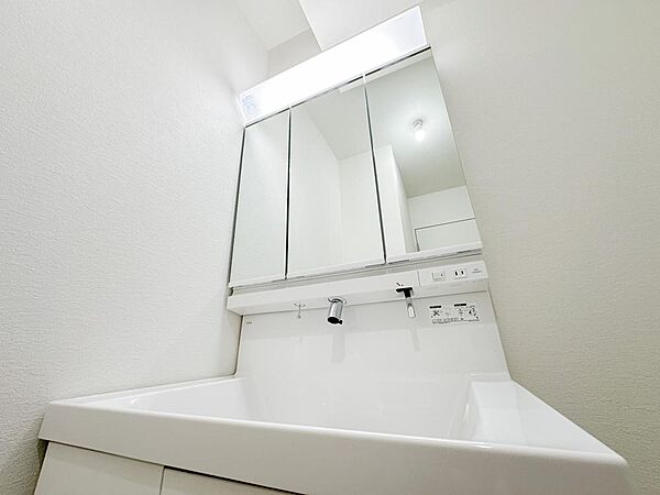 三面鏡付き洗面化粧台。収納力も備え、毎朝の身支度を快適にサポートします。