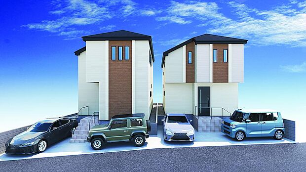 建築中の物件の完成予想パースです。モダンな外観と細部までこだわった設計が、住む人にとって快適で魅力的な住環境を提供します。完成後には、新しい生活をスタートさせるにふさわしい素敵な住まいが待っています。