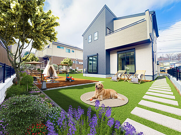 ドッグランが作れる程の広さを誇る、自慢のお庭スペース。野外用家具をレイアウトしたり、ガーデニングや家庭菜園をしたり、夏は子供用のプールを置いたりできす(家具類や植物、動物はCG画像です)。