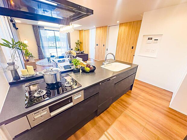 笑顔がよく似合う、そんな明るい雰囲気のキッチンスペース。毎日の料理が楽しくなりそうな期待感に満ちています。食洗器・浄水器・床下収納を完備。2026/4/2撮影