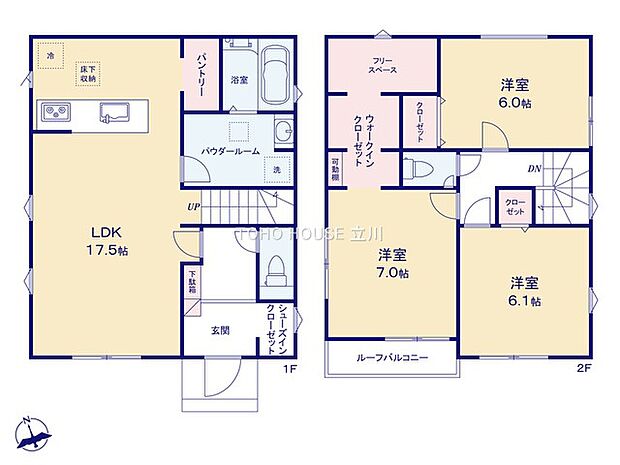 1階は17.5帖の広々としたLDKを中心に、パントリーやシューズインクローゼット（SIC）を配置。買い出し後の荷物整理もスムーズな「家事ラク動線」を実現しました。2階には主寝室に最適な7.0帖の洋室