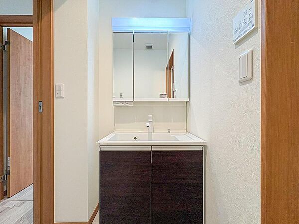 三面鏡付きの洗面台は、朝の身支度をスムーズに。収納力も高く、家族みんなの洗面用品をすっきり整理できます。忙しい朝も快適に過ごせる機能的な空間です。