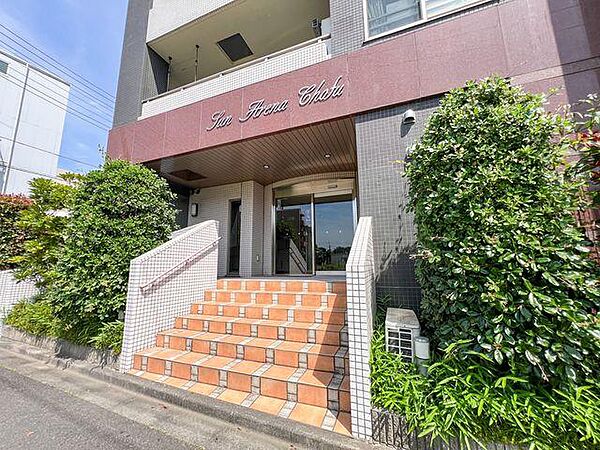 暖色系のタイルが優しく迎えてくれるアプローチ。緑豊かな植栽が彩りを添えています。