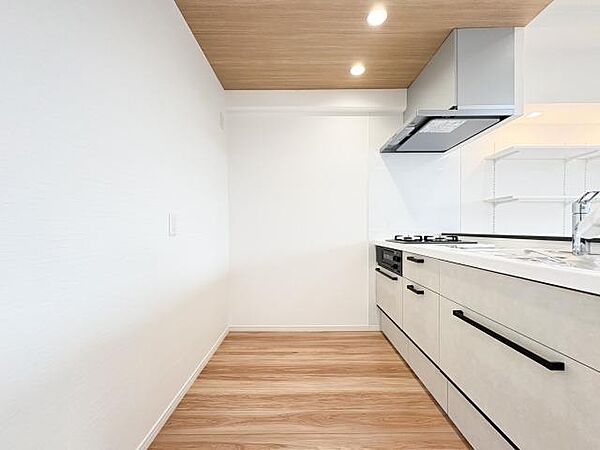 対面式システムキッチンは、開放感があり、会話をしながら料理ができる贅沢な空間。ゆとりのある広さが使い勝手を高め、豊富な収納があるため、調理器具や食材もすっきり整理。毎日のキッチン時間が快適です。