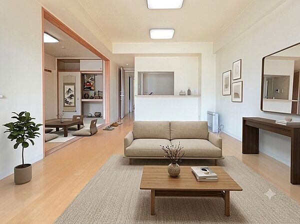 （家具はCGで作成）和室とつながる開放的なリビングです。対面キッチンから室内全体を見渡せる間取りで、ご家族との会話も弾みます。南向きの開口部から明るい陽光が差し込み、心地よい時間をお過ごしいただけます