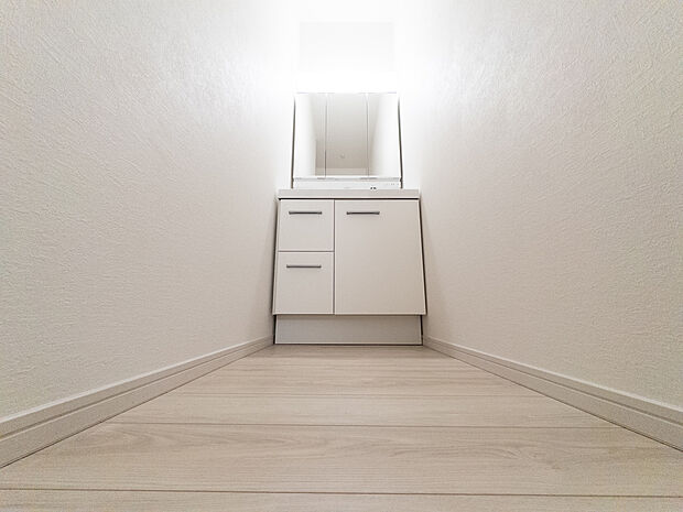 身だしなみのチェックがしやすい大きな鏡、下には収納がたっぷり。スッキリとした空間を演出いたします。