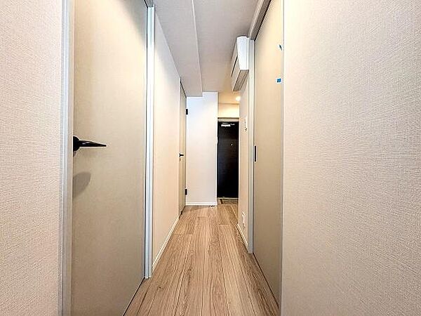 木のぬくもりを感じるナチュラルテイストのフローリングと、清潔感のある白い壁面が広がる廊下です。すっきりとしたシンプルなデザインで、居室へつながる各扉との調和が取れた美しい空間となっています。