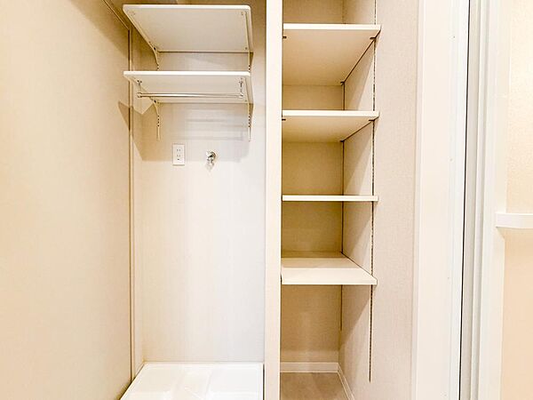 洗面室内に便利な収納スペースを配置。タオルや日用品もすっきり収納