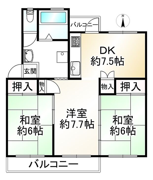 香里三井Ｈ住宅99号棟(3DK) 2階の間取り