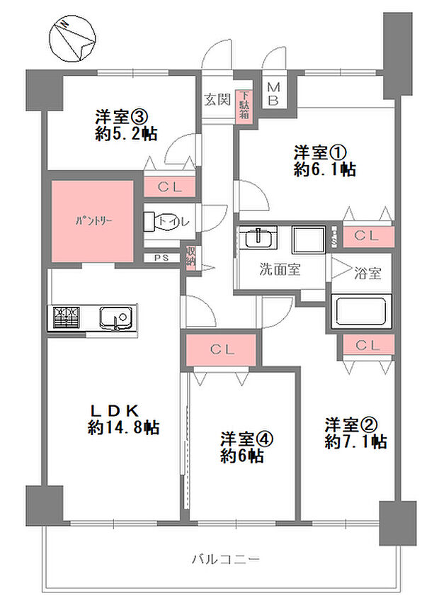 グランドール緑地公園(4LDK) 3階の間取り