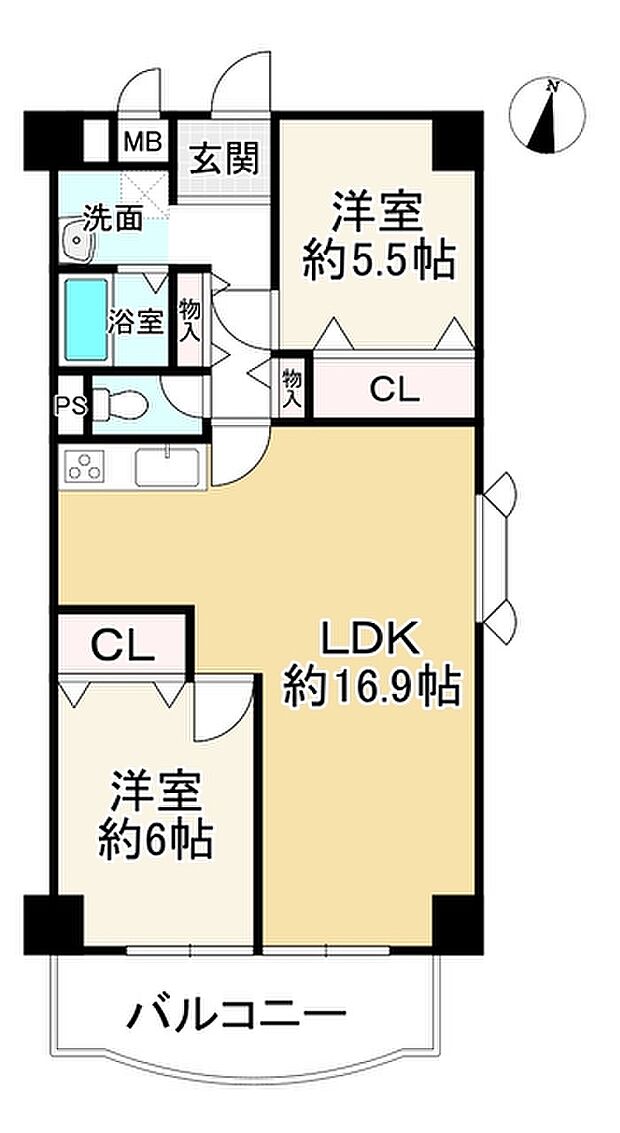 八尾セントラルハイツ(2LDK) 3階の間取り