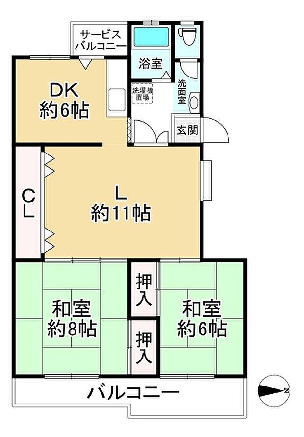 千里山田第一次住宅Ａ8棟(2LDK) 2階の間取り