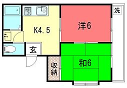 サンルート岩倉 2階2Kの間取り