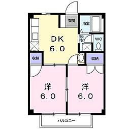 松岡ハイツA 2階2DKの間取り