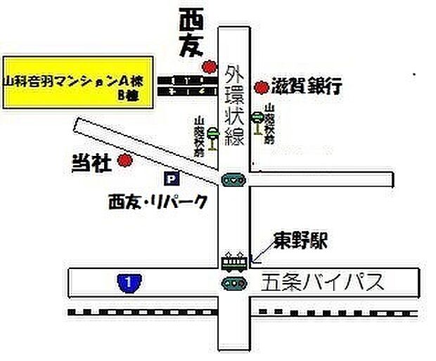 東野駅歩３分　西友山科店の南隣接　歩１分買物便利　医院・歯科等、近隣に多数あり　