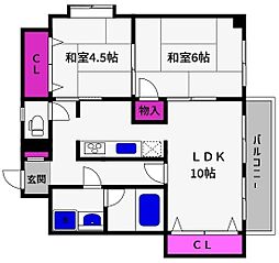 JR東海道・山陽本線 住吉駅 徒歩4分の賃貸マンション 4階2LDKの間取り