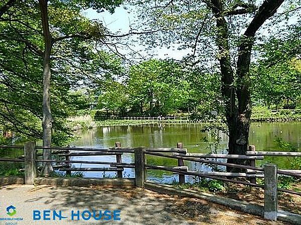 菊名池公園 徒歩3分。四季の移ろいを感じる緑豊かな住環境です。 200m