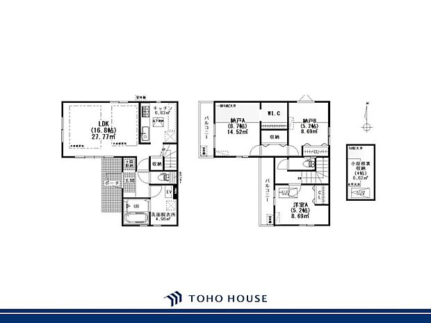 1階にLDK、2階に洋室と2つの納戸が備わった1LDK+2Sの間取り。WICや屋根裏収納、土間収納など収納が充実しています。