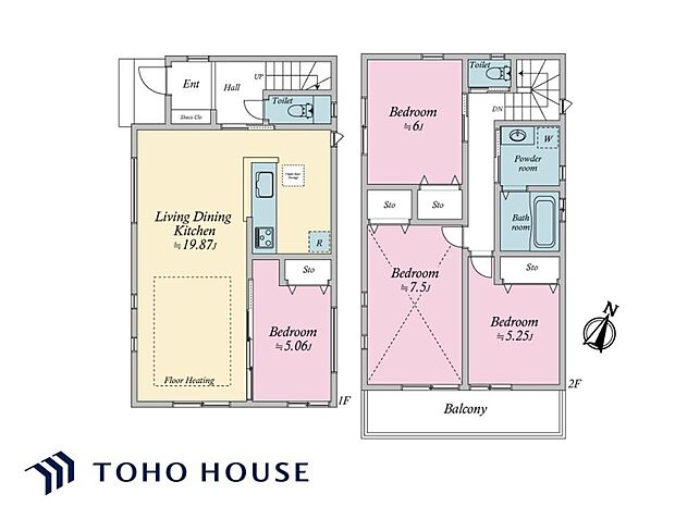約19.87帖のLDKと約5.06帖の洋室は一体利用が可能です。合わせて約24.93帖の大空間になります。各洋室にクローゼットが設けられています。